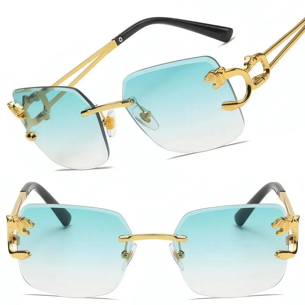 Luxury Look Rich Rimless Diamond Cut Green Lens Hip Hop Style Gold Eye Glasses